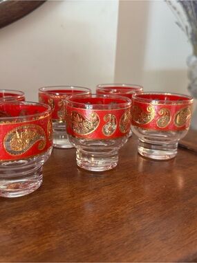 Vintage Culver Red & Gold Paisley Footed Rocks Glasses Set of 6